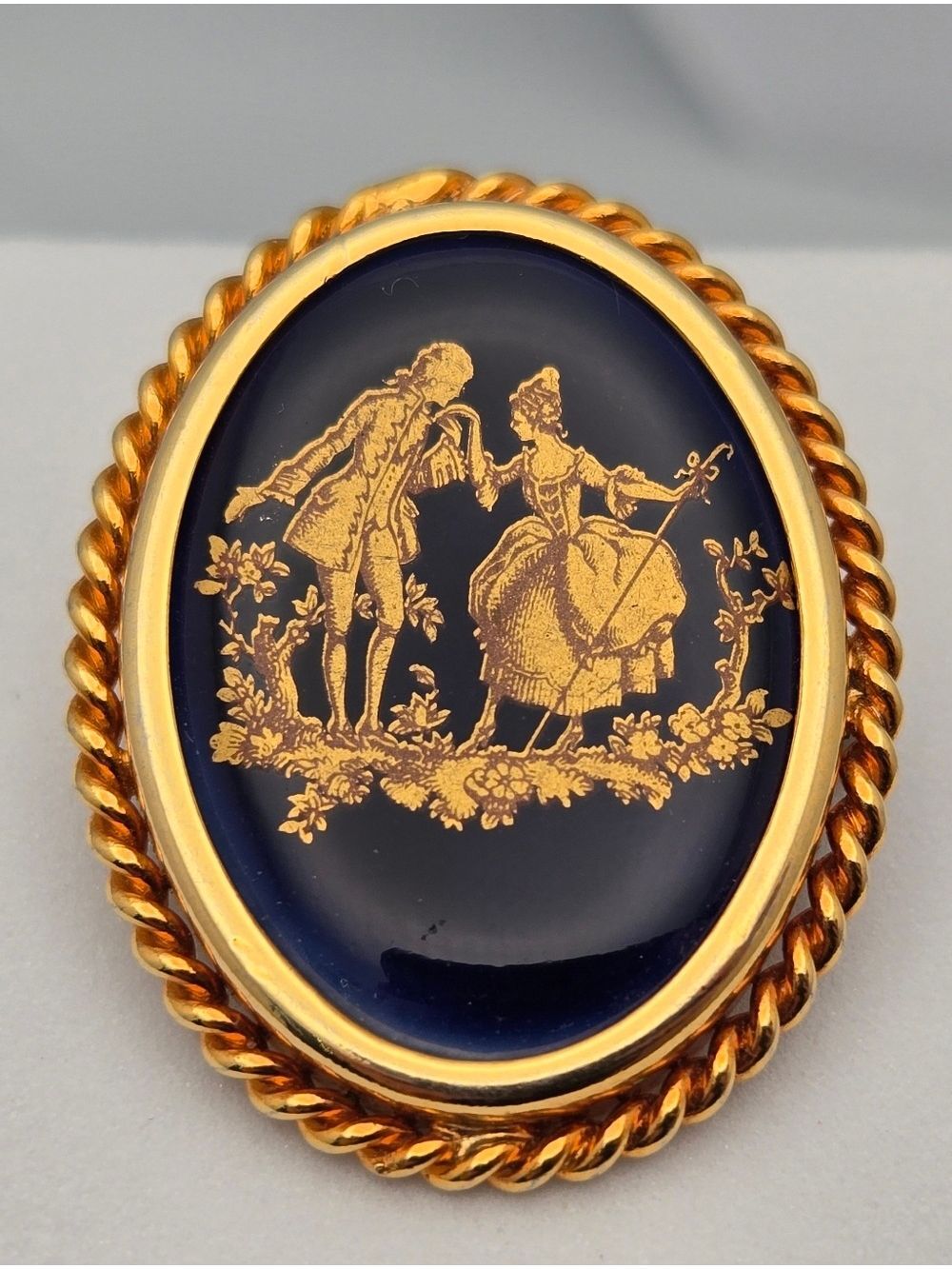 Vintage Limoges Castel Porcelain Brooch Courting Couple Cobalt Blue France 1.25"